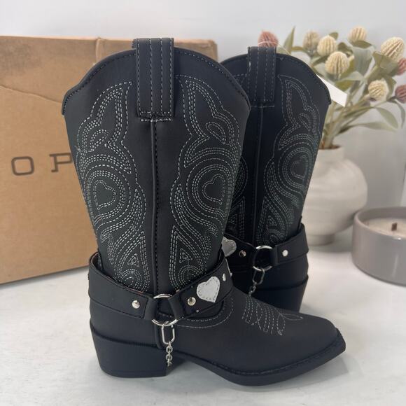 Roper Dale Faux Leather Snip Toe Heart Harness Western Boots Black Kids 10 NWB - Picture 8 of 11
